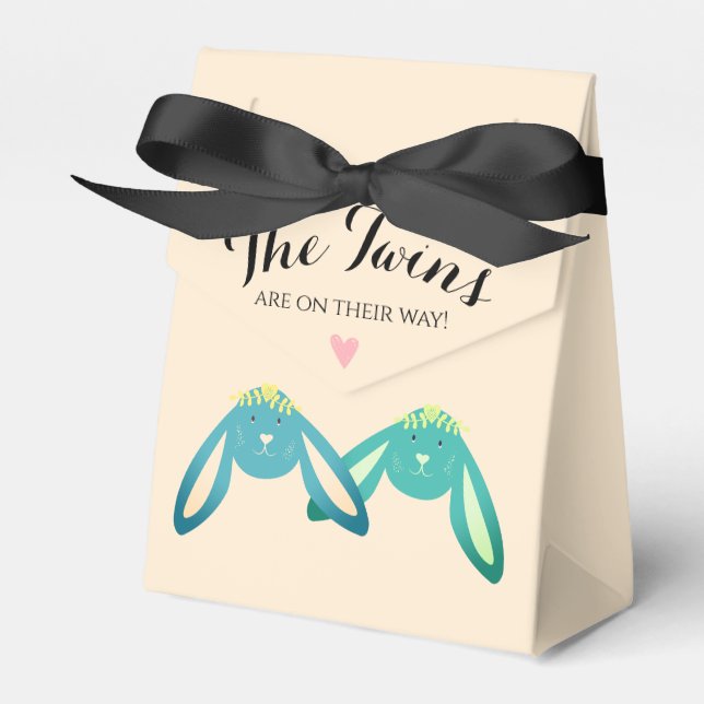 Cute Whimsical Yellow Twin Bunnies Baby Shower Favor Boxes (Front Side)