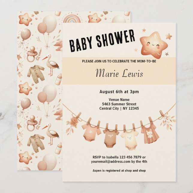 Cute Whimsy Baby Shower - Clothes Line Invitation (Front/Back)