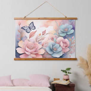 Cute Whimsy Floral Butterfly Watercolor AI Art Hanging Tapestry