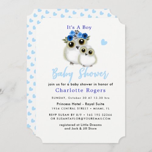 Cute Whimsy Fluffy Owl Blue Heart Baby Boy Shower Invitation