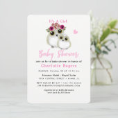 Cute Whimsy Fluffy Owl Pink Heart Baby Girl Shower Invitation (Standing Front)