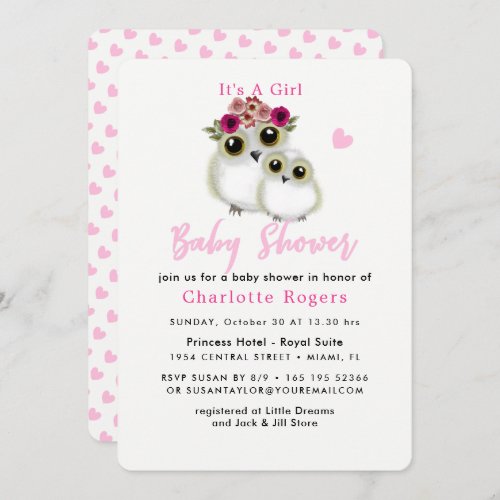 Cute Whimsy Fluffy Owl Pink Heart Baby Girl Shower Invitation