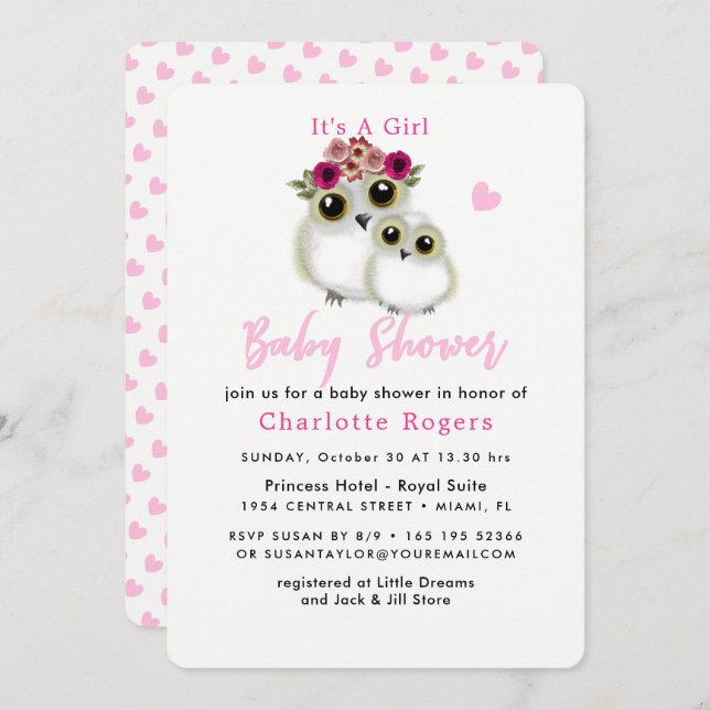 Cute Whimsy Fluffy Owl Pink Heart Baby Girl Shower Invitation (Front/Back)