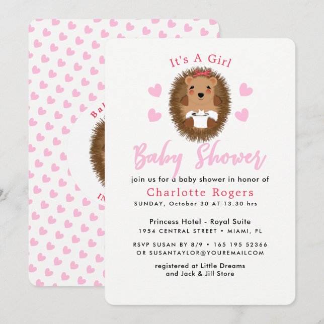 Cute Whimsy Hedgehog Pink Heart Baby Girl Shower Invitation (Front/Back)