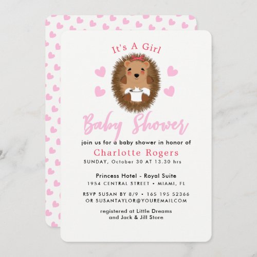 Cute Whimsy Hedgehog Pink Heart Baby Girl Shower Invitation