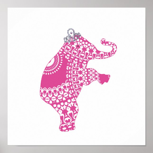 Cute Whimsy Kids Pink Princess Elephant Poster (Front)