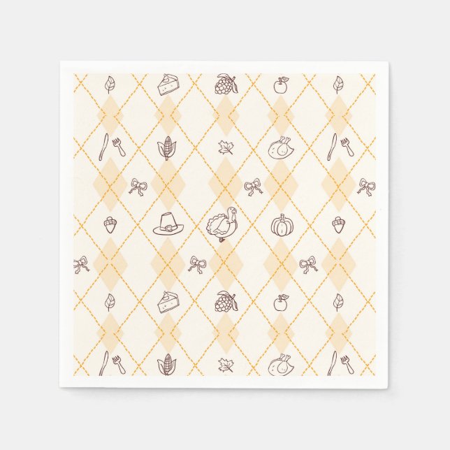 Cute Whimsy Thanksgiving Doodles Diamond Pattern Napkins (Front)