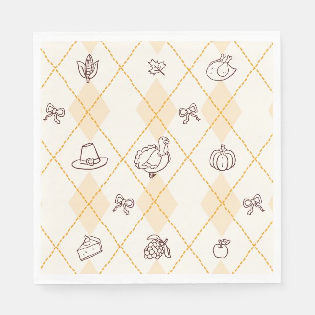 Cute Whimsy Thanksgiving Doodles Diamond Pattern Napkins (Front)