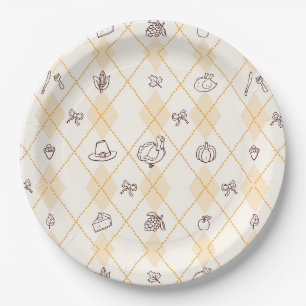Cute Whimsy Thanksgiving Doodles Diamond Pattern Paper Plates
