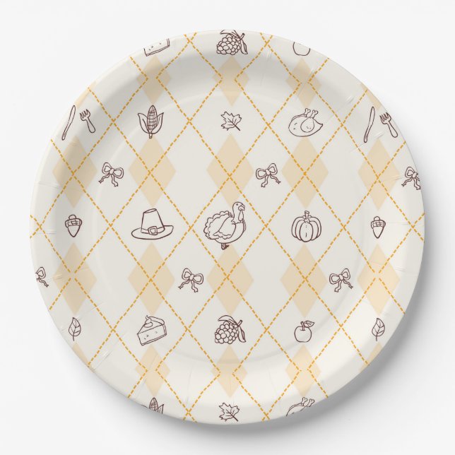 Cute Whimsy Thanksgiving Doodles Diamond Pattern Paper Plates (Front)