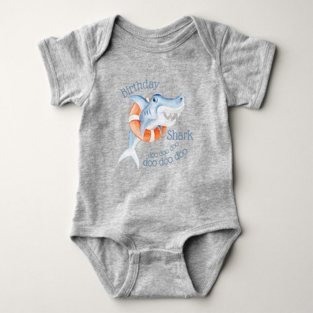 Cute whimsy watercolor baby birthday  shark baby bodysuit (Front)