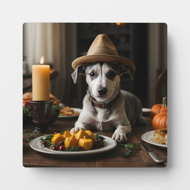 Cute Whippet Puppy Pilgrim Hat Thanksgiving Dinner Plaque (Front)
