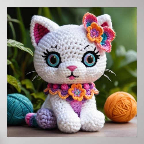 Cute Whiskers White Kitty Cat Crocheted Colorful Poster