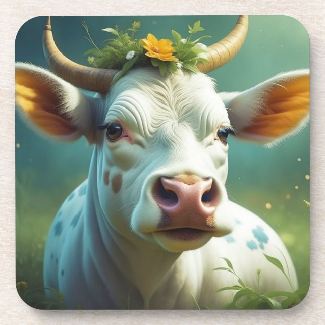 Cute White Ai Cow with Horns and Flowers Beverage Coaster (Front)