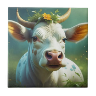 Cute White Ai Cow with Horns and Flowers Ceramic Tile