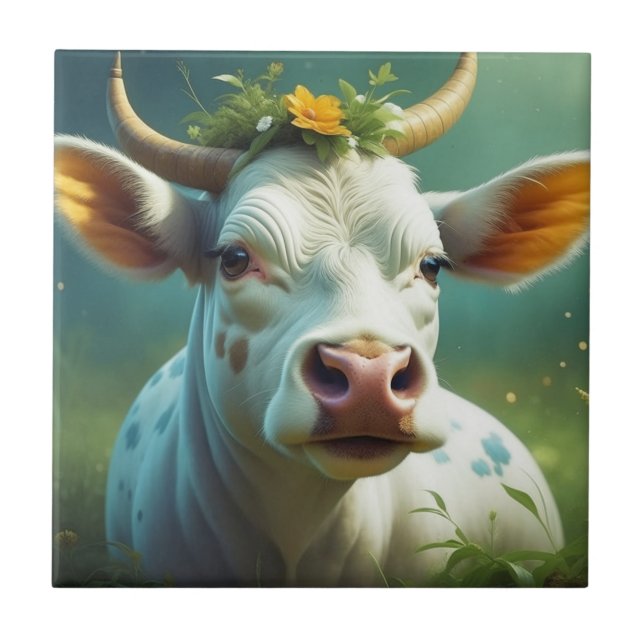 Cute White Ai Cow with Horns and Flowers Ceramic Tile (Front)