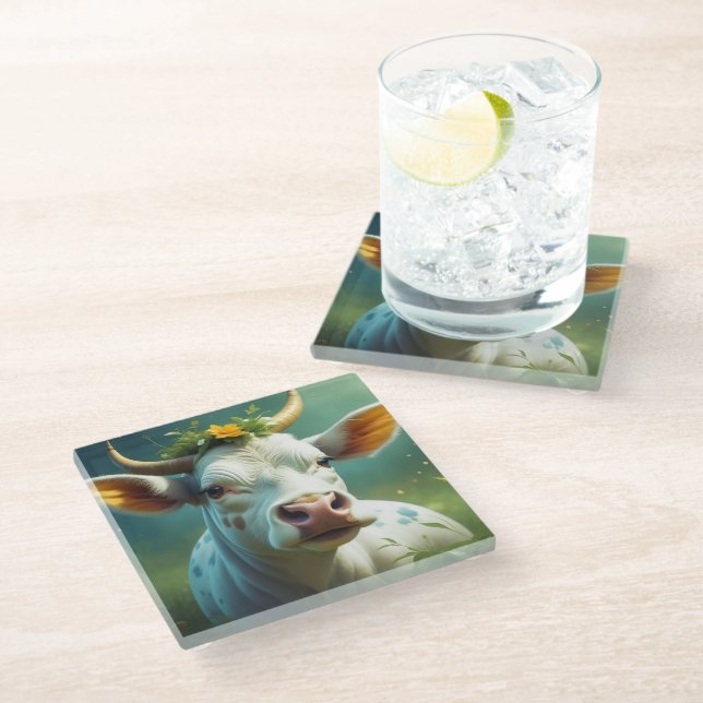 Cute White Ai Cow with Horns and Flowers Glass Coaster (Angled)