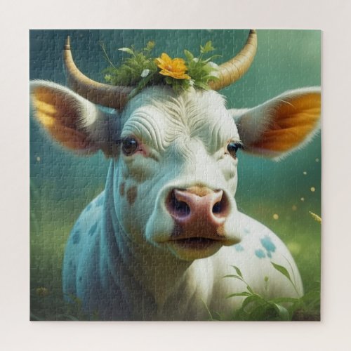 Cute White Ai Cow with Horns and Flowers Jigsaw Puzzle