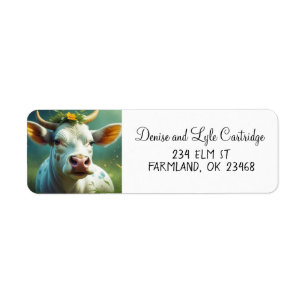 Cute White Ai Cow with Horns and Flowers Label