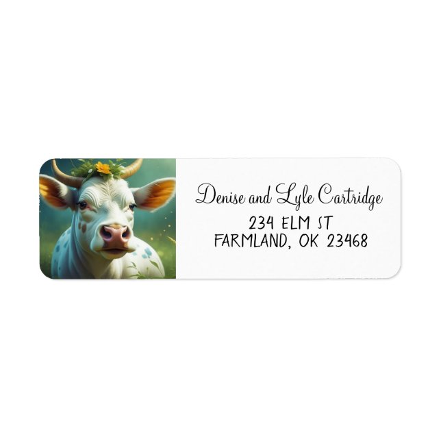 Cute White Ai Cow with Horns and Flowers Label (Front)