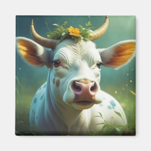 Cute White Ai Cow with Horns and Flowers Magnet