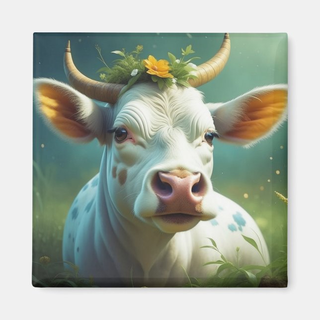 Cute White Ai Cow with Horns and Flowers Magnet (Front)