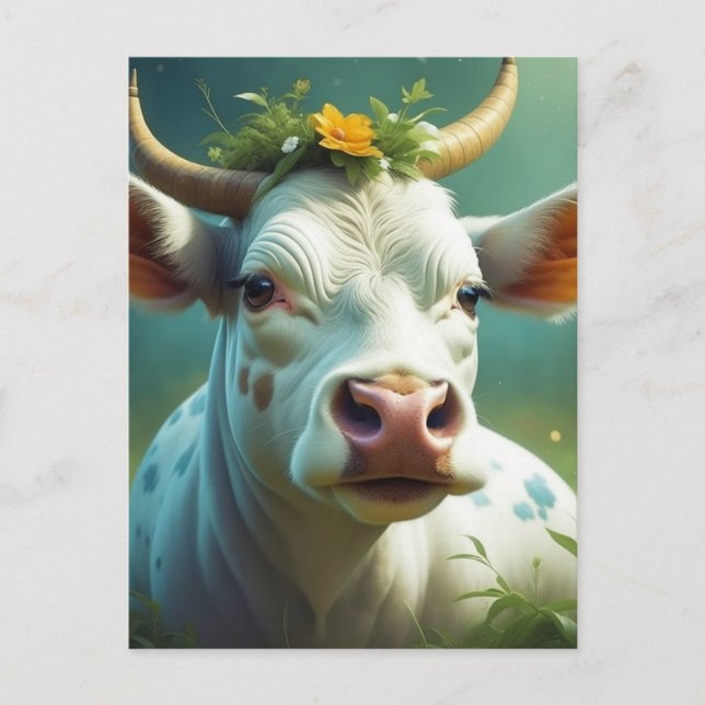 Cute White Ai Cow with Horns and Flowers Postcard (Front)