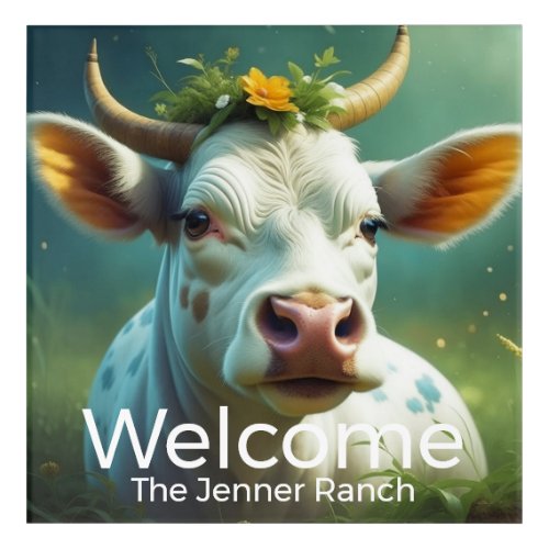 Cute White Ai Cow with Horns and Flowers Welcome Acrylic Print