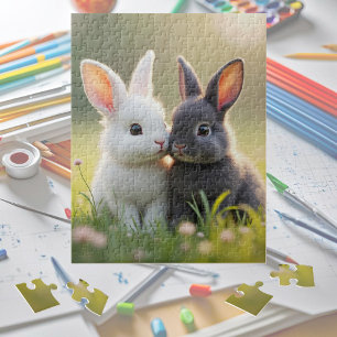 Cute white and black baby bunnies in a meadow, jigsaw puzzle