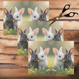 Cute white and black baby bunnies in a meadow,  tissue paper