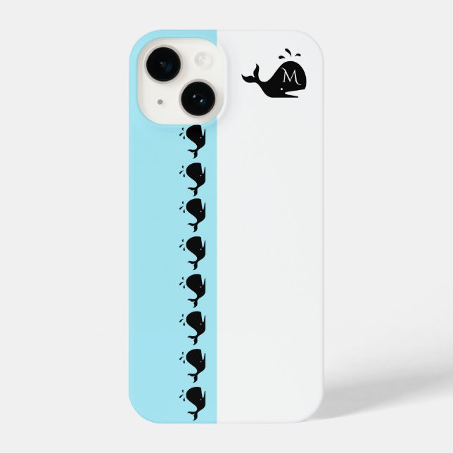 Cute White and Blue Custom Initial Black Whale iPhone Case (Back)