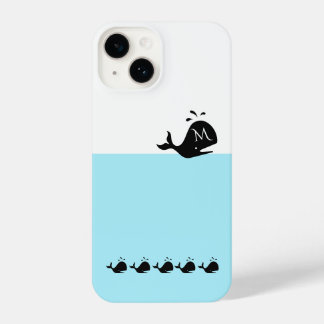 Cute White and Blue Custom Initial Black Whale iPhone 14 Case
