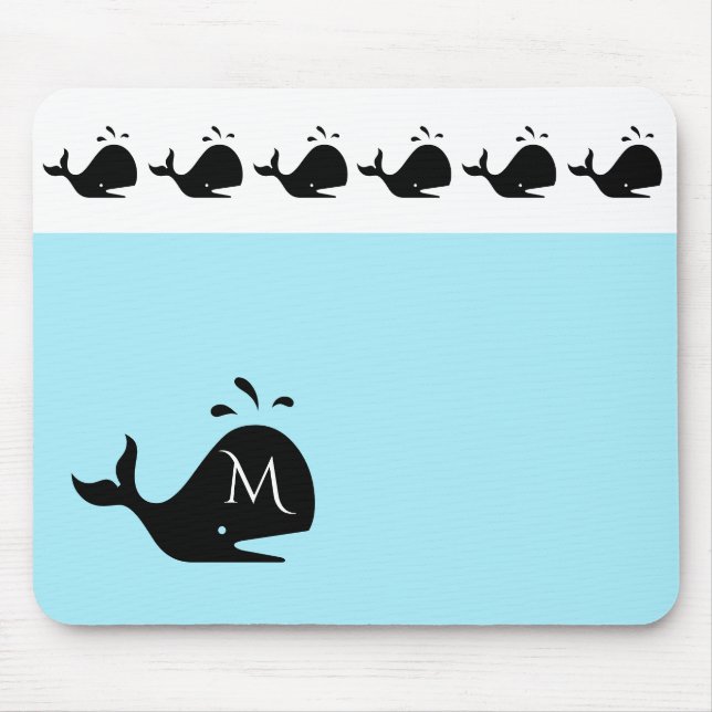 Cute White and Blue Custom Initial Black Whale Mouse Pad (Front)