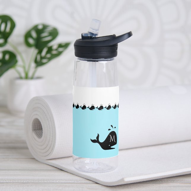 Cute White and Blue Custom Initial Black Whale Water Bottle (Yoga (Rotated))