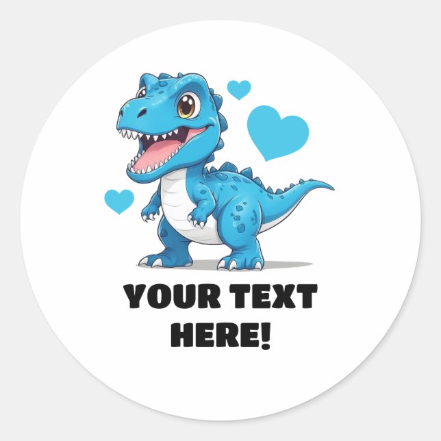 Cute White and Blue Personalized T-rex Classic Round Sticker (Front)