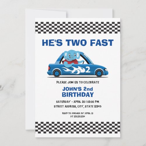 Cute White and Blue Race Car Two Fast 2nd Birthday Invitation