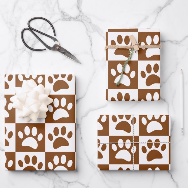 Cute White And Brown Paw Print Checkerboard Wrapping Paper Sheets (Front)