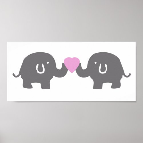 Cute white And Grey Elephants With Pink Heart Poster