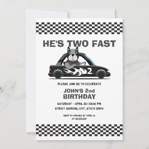 Cute White and Grey Race Car Two Fast 2nd Birthday Invitation