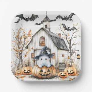 Cute White and Orange Ghost with Autumn Barn Paper Plates
