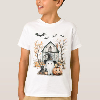 Cute White and Orange Ghost with Autumn Barn T-Shirt