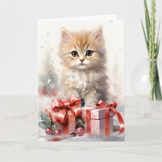 Cute White and Orange Kitten Christmas Greeting Card (Front)