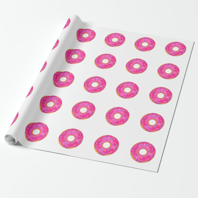 Cute White and Pink Donut Pattern Wrapping Paper (Unrolled)