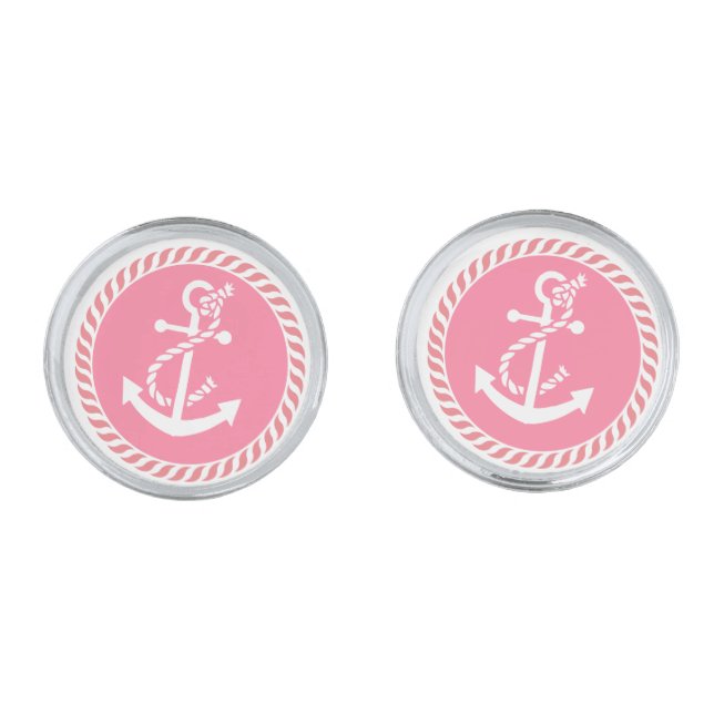 Cute White And Pink Nautical Boat Anchor Silver Cufflinks (Front)
