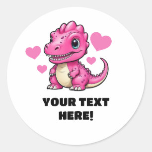 Cute White and Pink Personalized T-rex Classic Round Sticker
