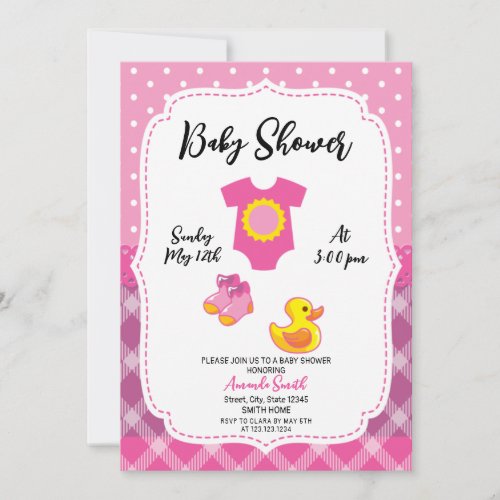 Cute White and Pink Rubber Duck Girl Baby Shower Invitation