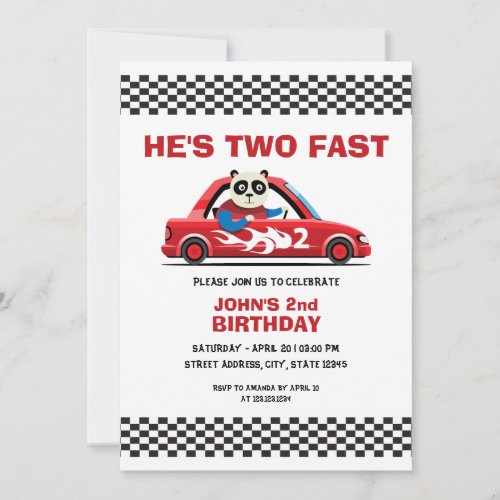 Cute White and Red Race Car Two Fast 2nd Birthday Invitation