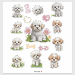 Cute White and Tan Puppies Flowers Hearts Sticker