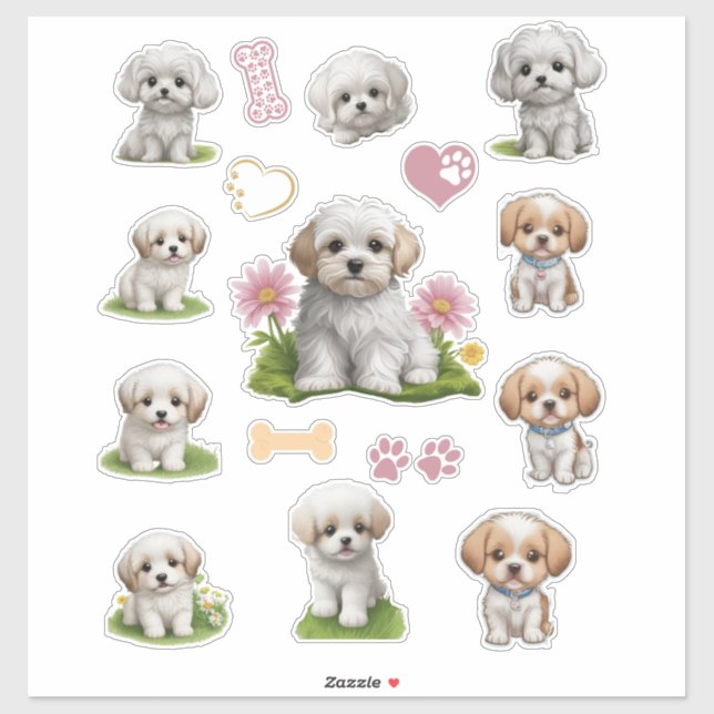 Cute White and Tan Puppies Flowers Hearts Sticker (Sheet)