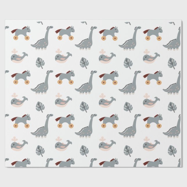Cute White Animal Dino Leaf Kids Wrapping Paper (Flat)